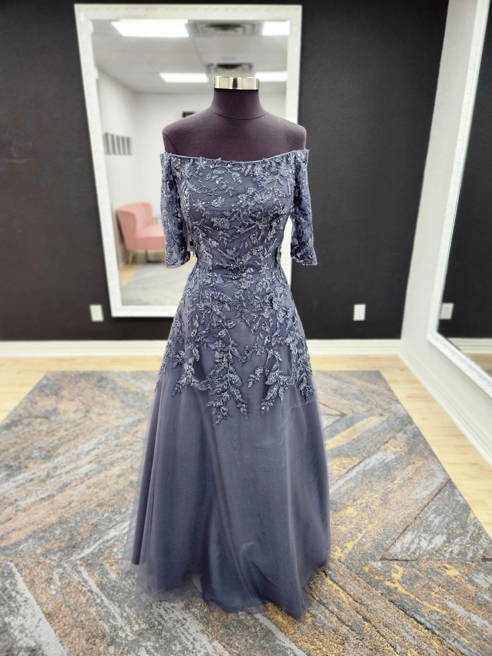 Morilee MGNY 72834 Off-the-Shoulder Lace Mother of the Bride Gown Sz 12 Gray